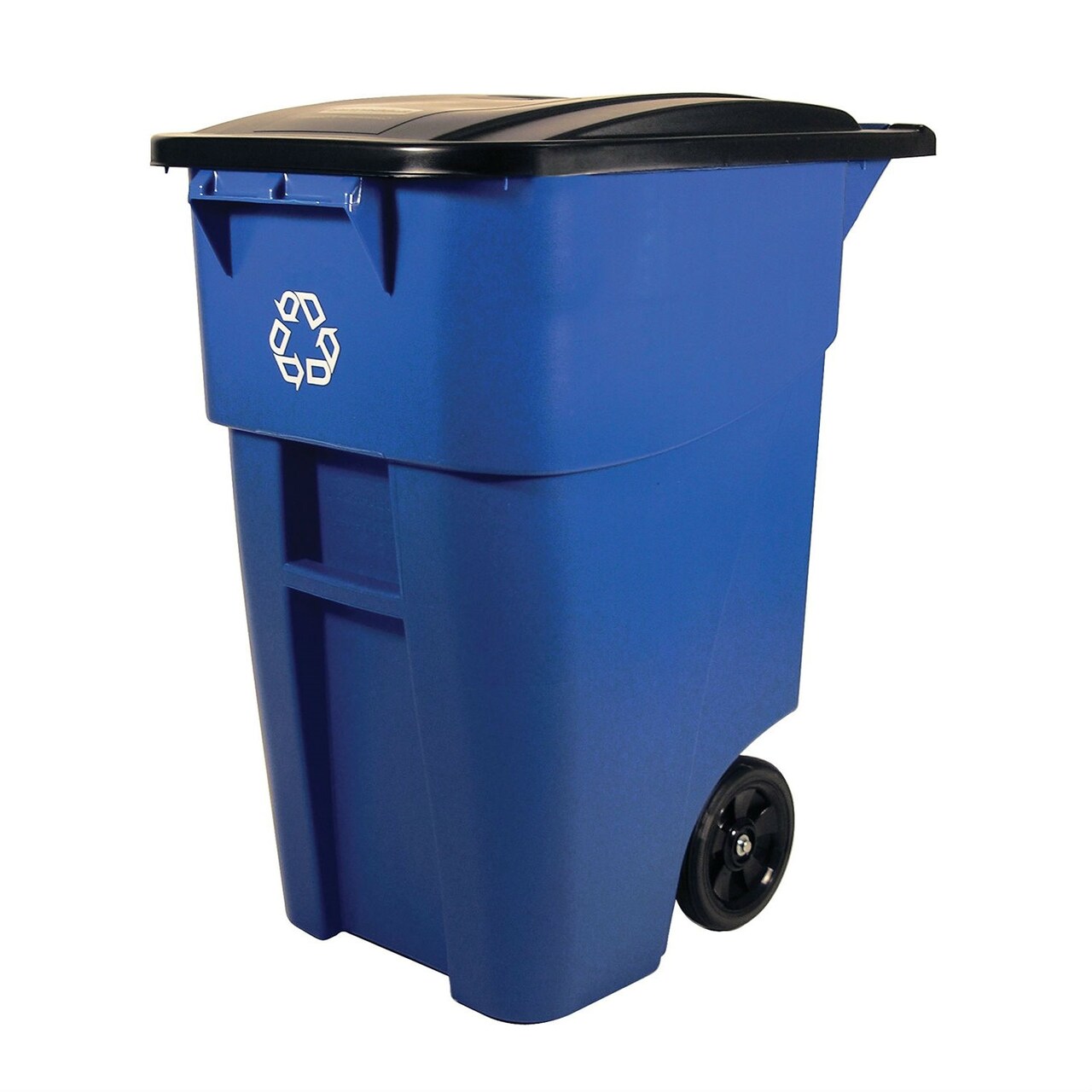 Blue 50-Gallon Wheeled Recycling Bin with Hinged Locking Lid and Molded Wheels